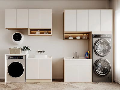 Modern Bathroom Cabinet Rack With Washing Machines Storage Cabinets And Countertop 3d model