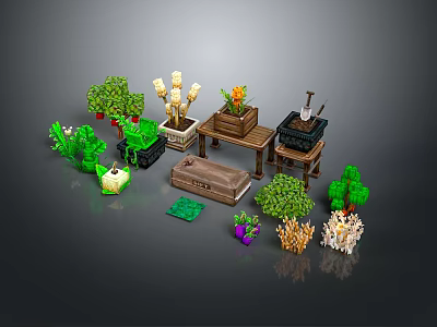 Pixel Art Scene Components Featuring Green Plants Tables Boxes And Decorative Elements 3d model