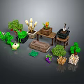 Pixel Art Scene Components Featuring Green Plants Tables Boxes And Decorative Elements