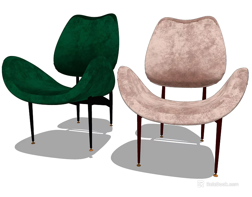 Modern Green and Pink Velvet Lounge Chairs with Curved Backrest and Slim Legs Design 3d model 