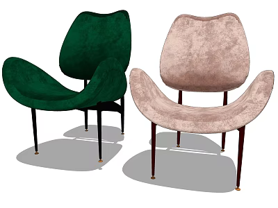 Modern Green and Pink Velvet Lounge Chairs with Curved Backrest and Slim Legs Design 3d model
