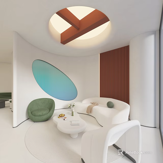 Modern Beauty Hair Salon Interior With Green Chair White Sofa And Oval Decor 3d model 