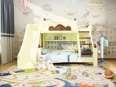 Colorful Children's Bunk Bed With Slide Plush Toys And Hot Air Balloon Wall Decor 3d model