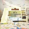 Colorful Children's Bunk Bed With Slide Plush Toys And Hot Air Balloon Wall Decor