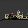 Medieval Castle Architecture with Red Roofs Towers Bridge and Surrounding Water