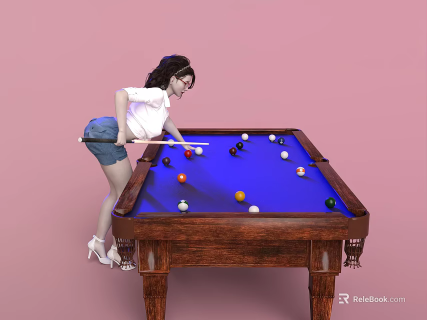 Woman Playing Pool Leaning Over Wooden Billiard Table With Colorful Balls On Pink Background 3d model 