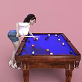 Woman Playing Pool Leaning Over Wooden Billiard Table With Colorful Balls On Pink Background
