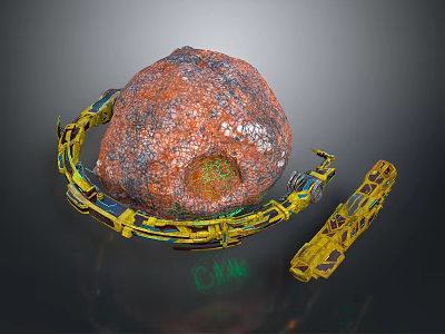 Large Red Natural Stone And Wood Components With Yellow Industrial Machinery 3d model