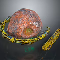 Large Red Natural Stone And Wood Components With Yellow Industrial Machinery