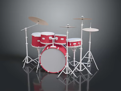 Red Drum Set with Multiple Drums Cymbals and White Stands 3d model