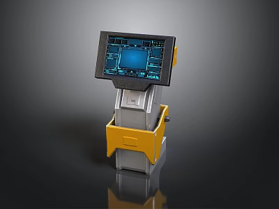 Industrial Control Panel With Screen Displaying Blue Diagram And Gray Yellow Structure 3d model