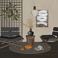 Two Modern Leather Leisure Chairs On Woven Rug With Coffee Table And Hanging Lamp