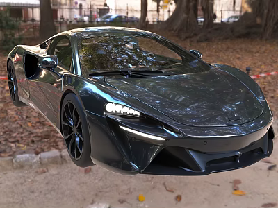 Modern Black Sleek Design Sports Car In Outdoor Park With Fallen Leaves 3d model