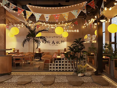 Chongqing Hotpot Restaurant With Colorful Bunting Flags Yellow Lanterns Wooden Tables And Green Plants 3d model