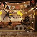 Chongqing Hotpot Restaurant With Colorful Bunting Flags Yellow Lanterns Wooden Tables And Green Plants