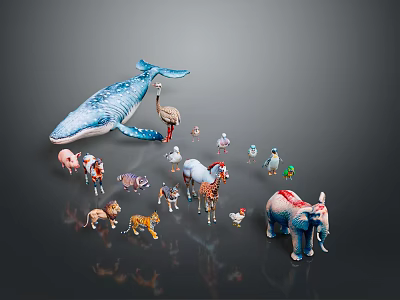 Various Colored Animal Figurines With Different Sizes Including Whale Ostrich Tiger And Elephant 3d model