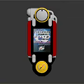Gaming Device With Red White Casing Top Circular Component Bottom Yellow Button And Screen
