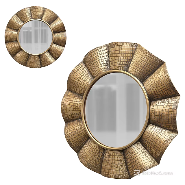 Elegant Decorative Gold Round Mirror With Crocodile Texture Petal Shaped Frame 3d model 