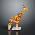 Handmade Giraffe Wooden Puzzle Model Standing On White Base Against Dark Background