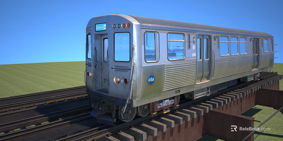 Silver Subway Train With CTA Logo On Railroad Tracks Against Blue Sky And Green Grass 3d model 