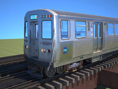 Silver Subway Train With CTA Logo On Railroad Tracks Against Blue Sky And Green Grass 3d model