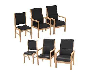 Six Leisure Chairs Featuring Black Cushions Backrests Wooden Armrests Legs And Armrest Options 3d model