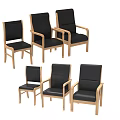Six Leisure Chairs Featuring Black Cushions Backrests Wooden Armrests Legs And Armrest Options