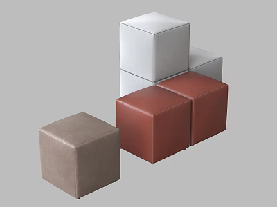 Modern Cube Ottoman Collection With Gray White Brown Red Leather Upholstery Design 3d model