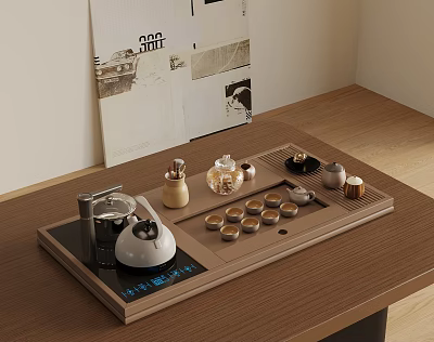 Wooden Tea Tray Complete Set With Teapot Cups Canisters And Digital 3d model