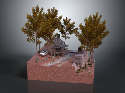 Rustic Cabin In Natural Setting With Tall Trees Parked Car And Red Earth Ground 3d model