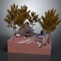 Rustic Cabin In Natural Setting With Tall Trees Parked Car And Red Earth Ground