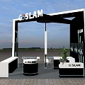 Elevator Hallway Featuring GOSLAM Booth With Display Screens And Reception Desk