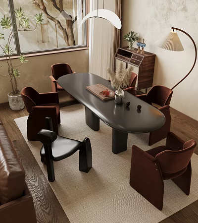 Modern Black Oval Dining Table Set With Maroon Chairs Artistic Accent Chair And Floor Lamp 3d model