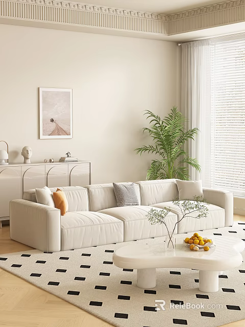 Elegant Cream White Three Seater Sofa For Cozy Modern Minimalist Living Room Home Furniture 3d model 
