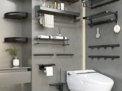 Modern Bathroom Combination with Gray Walls White Toilet Black Storage Racks and Towels 3d model