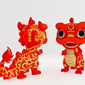 Red Dragon Art Installation With Two Figurines Front Back Views And Golden Patterns 3d model