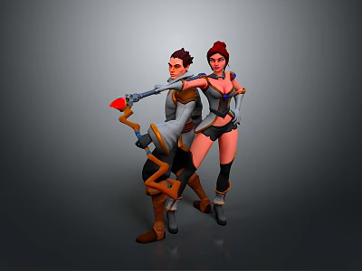 Adventurous Male Female Characters Holding Red Weapon Wearing Sexy Outfit Standing Together 3d model