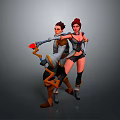Adventurous Male Female Characters Holding Red Weapon Wearing Sexy Outfit Standing Together