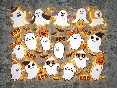 Cute Halloween Wall Decor with Ghosts Pumpkins BOO Letters and Bats 3d model