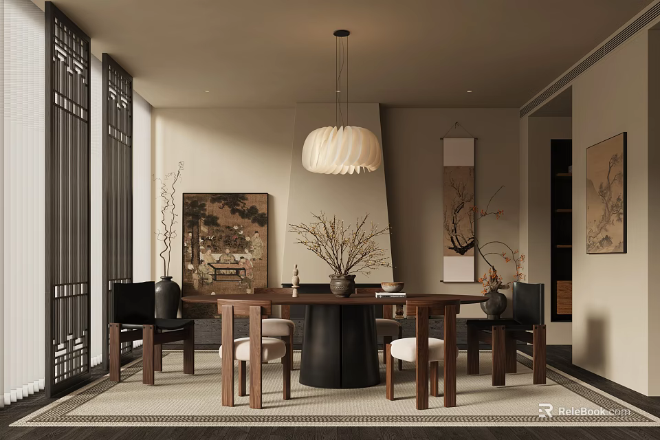 Traditional Chinese Restaurant Interior With Round Wooden Table Lamps And Wall Paintings 3d model 