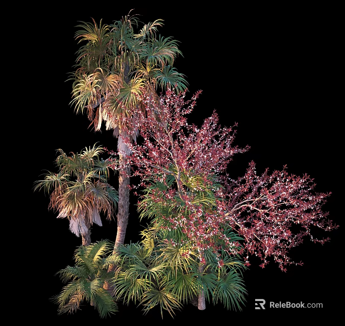 Diverse Plant Combination With Palm Trees Red Flowering Trees And Lush Green Leaves 3d model 