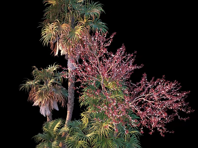 Diverse Plant Combination With Palm Trees Red Flowering Trees And Lush Green Leaves 3d model