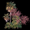 Diverse Plant Combination With Palm Trees Red Flowering Trees And Lush Green Leaves