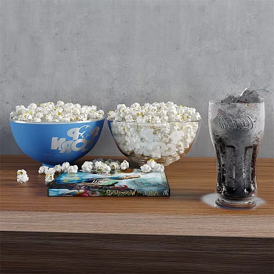 Ornamental Decor Set Featuring Popcorn Bowls Cinema Tickets Book And Iced Cola Glass 3d model
