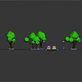 Cartoon Road Scene With Green Trees Street Lamps Benches And Red Car