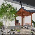 Chinese Style Pavilion With Traditional Roof Bamboo Rocks And Benches