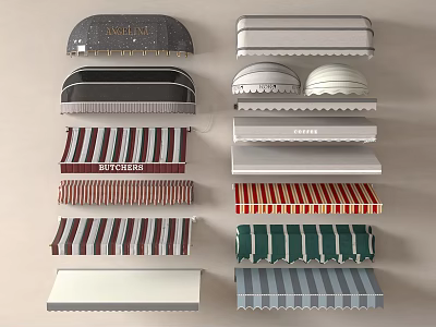 Various Colorful Awning Designs With Stripes And Shop Signs For Businesses 3d model