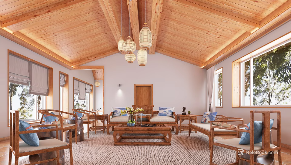 Traditional Chinese Living Room Interior With Wooden Structure Chandelier Coffee Table And Sofa 3d model 