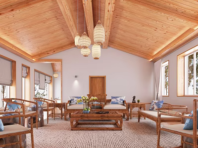 Traditional Chinese Living Room Interior With Wooden Structure Chandelier Coffee Table And Sofa 3d model
