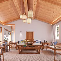 Traditional Chinese Living Room Interior With Wooden Structure Chandelier Coffee Table And Sofa